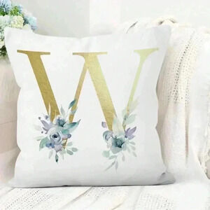 Pillow Covers 18x18” 1 pc W Alphabet Linen White/Gold W Blue Floral Boho Cottage
